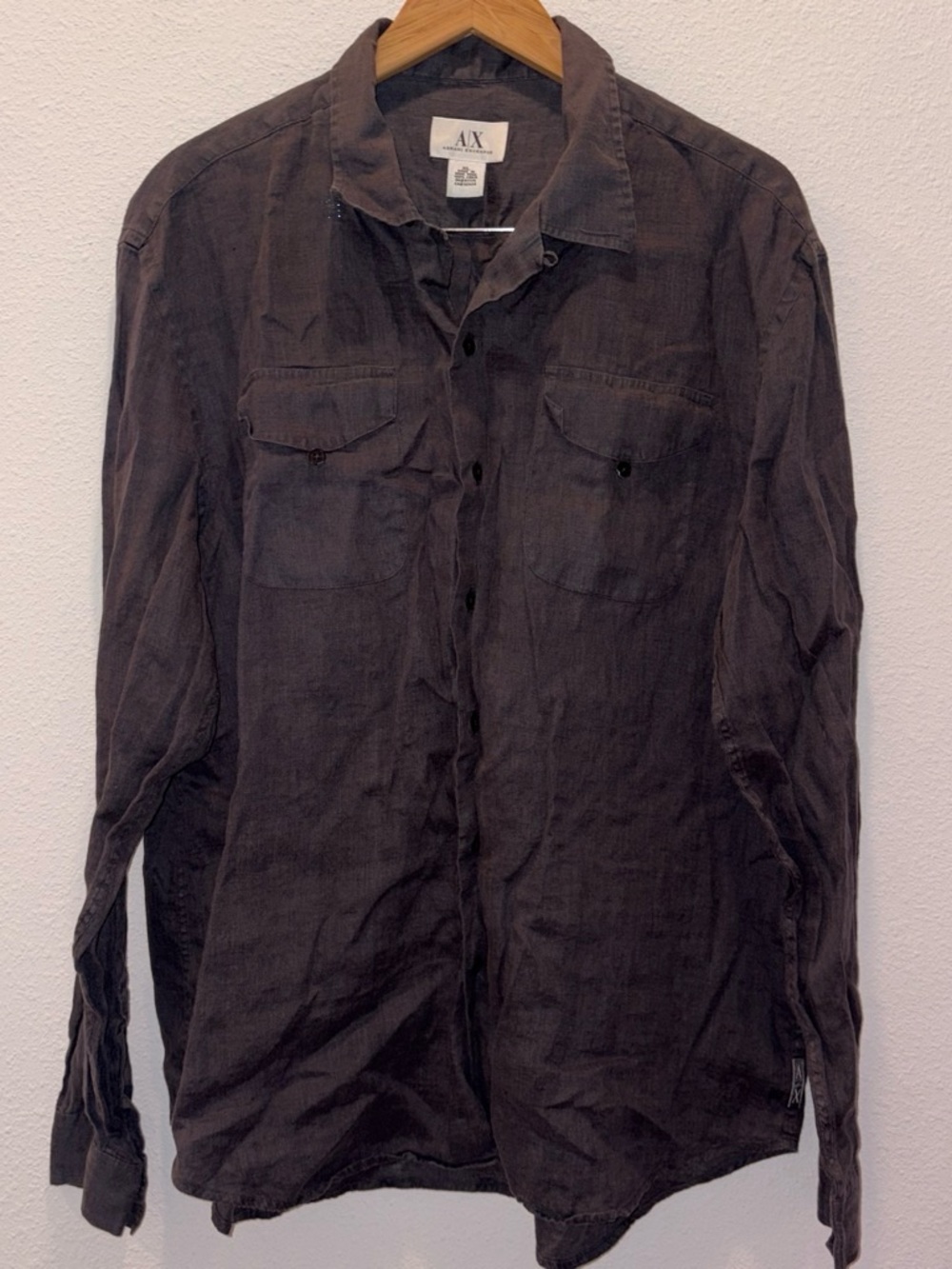 Armani Exchange 100% linen Men's Dark Gray Button-Up Shirt